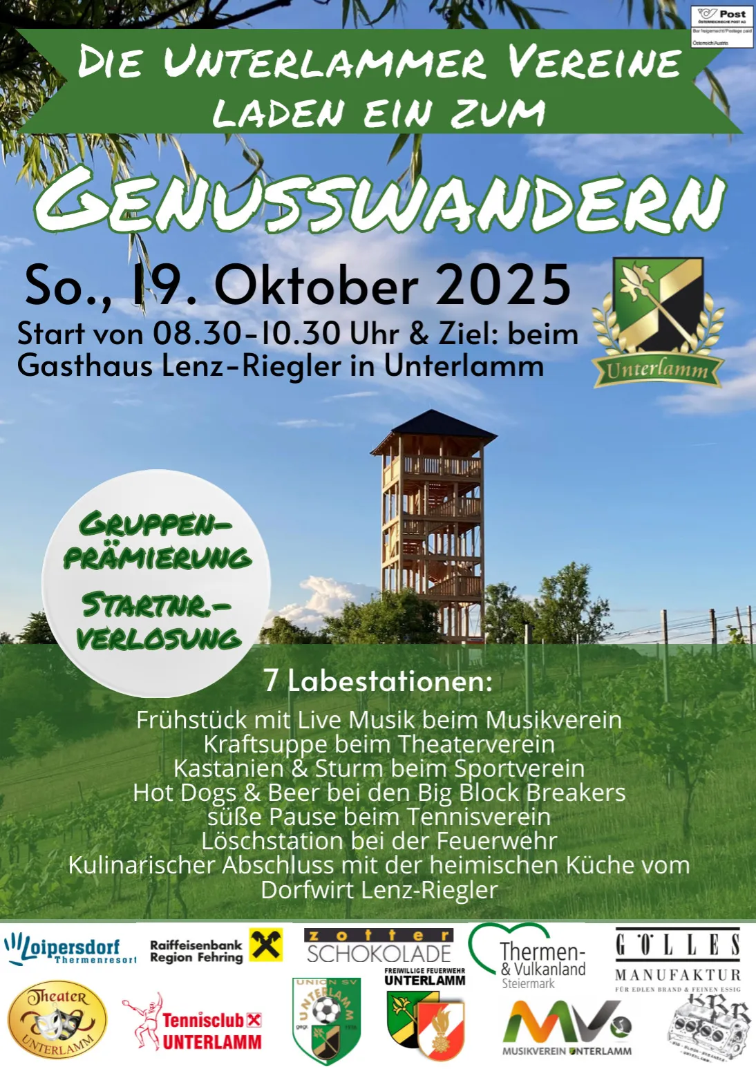 Plakat für die 'Genusswandern' Veranstaltung am 19. Oktober 2025, von 08:30-10:30 Uhr im Gasthaus Lenz-Riegler in Unterlamm. Zeigt einen Turm, eine malerische Landschaft und verschiedene Essensstationen.