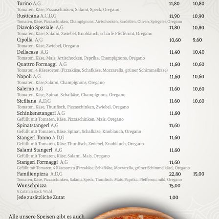 Menü mit verschiedenen Pizzen und Toppings. Optionen wie Tomaten, Käse, Salami und mehr. Preise für jede Pizza inklusive Währungssymbol. Zusätzliche Toppings gegen Aufpreis.
