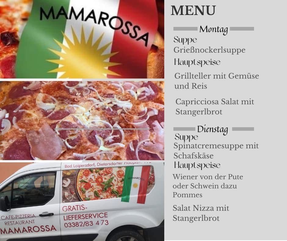 Menü mit Optionen für Montag und Dienstag. Montag bietet Suppe, ein Hauptgericht mit gegrilltem Fleisch mit Gemüse und Reis und einen Salat an. Dienstag bietet Spinatcremesuppe mit Ziegenkäse, ein Hauptgericht von Wiener aus dem Ofen oder Schwein mit Pommes und einen Salat mit Nizza an.
