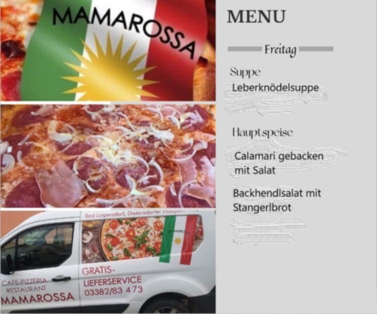 Eine Werbung für das Restaurant Mama Rossa. Es zeigt eine Speisekarte mit Gerichten wie Leberknödelsuppe und Calamari gebacken mit Salat. Eine Pizza und ein Lieferwagen sind ebenfalls abgebildet.