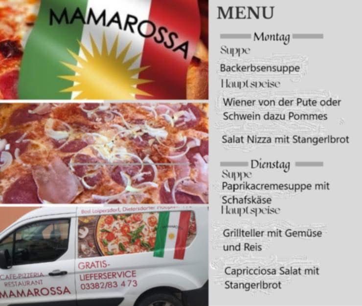 Menü von Mama Rossa mit Gerichten wie Backerbsensuppe, Wiener von der Pute und gegrilltem Hähnchen mit Gemüse. Das Bild zeigt auch einen Lieferwagen von Mama Rossa mit Markenlogo.