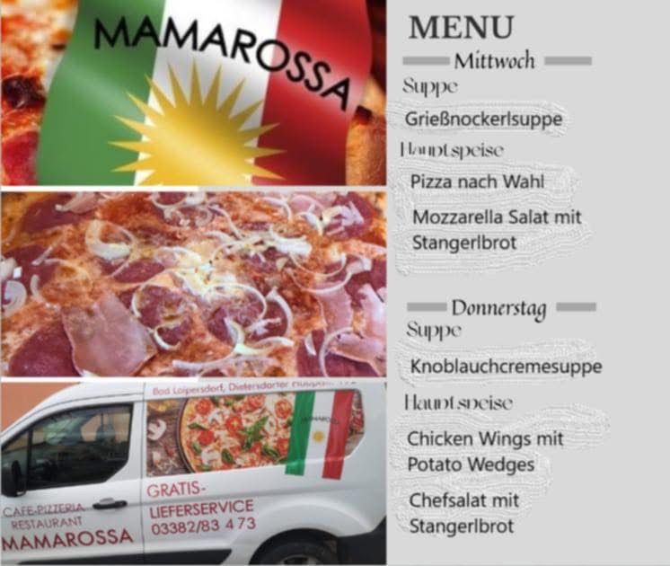 Ein Werbebild für eine Pizzeria namens Mamarossa, mit einem Menü mit Gerichten und einem Lieferwagen. Das Menü umfasst GrieBnockerlsupe, Pizza nach Wahl, Mozzarella Salat mit Stangerlbrot, Knoblauchcremesuppe, Chicken Wings mit Kartoffelkeil und Chefsalat mit Stangerlbrot.