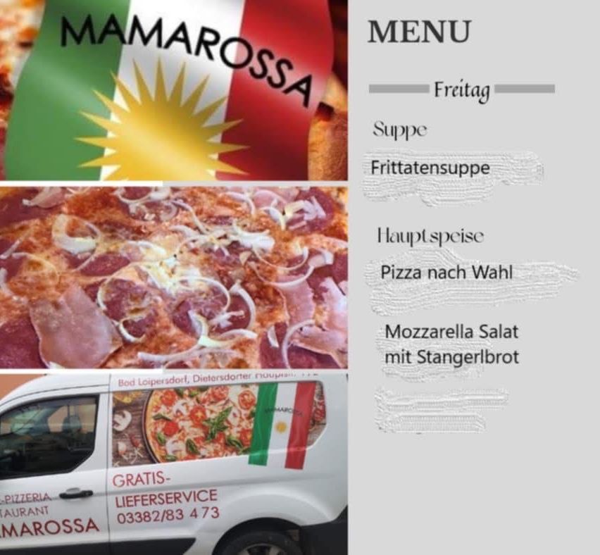 Ein Menüposter mit einer Pizza und einer Flagge. Das Menü umfasst Suppe, einen Freitags-Spezial, ein Hauptgericht und einen Mozzarella-Salat mit Spargel. Unten ist ein Lieferwagen mit einer Pizza und dem Logo des Restaurants zu sehen.