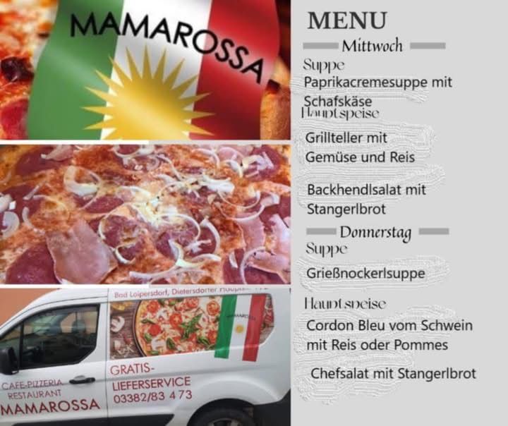 Menükarte für Mama Rossa mit einer Pizza, einer Flagge und einem Lieferwagen. Das Menü umfasst Paprikacremesuppe, gegrilltes Fleisch mit Gemüse und Reis sowie einen Chefsalat mit Speck.