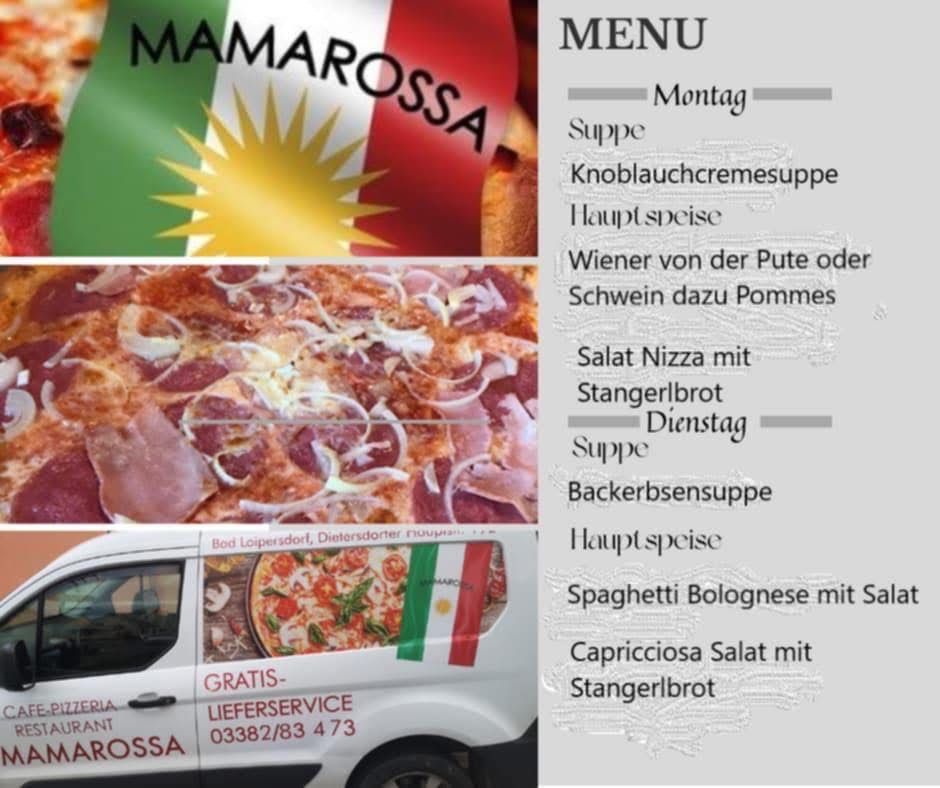 Ein Menü von Mamarossa Restaurant mit einer Pizza, einer italienischen Flagge und einem Lieferwagen. Das Menü beinhaltet Knoblauchcremesuppe, Wiener von der Pute und Spaghetti Bolognese.