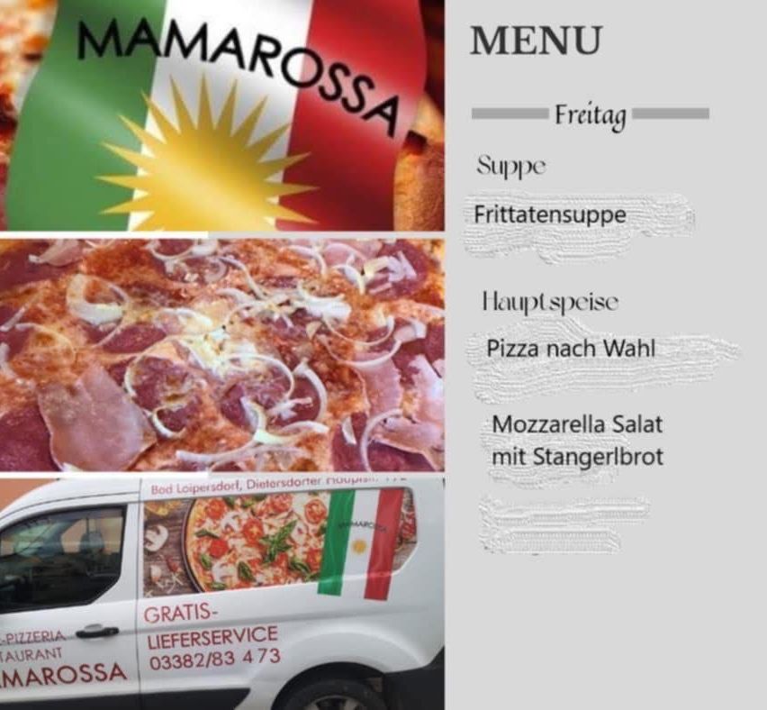 Ein Menü des Restaurants Mama Rossa mit einer Pizza, einer Flagge und einem Lieferwagen. Das Menü umfasst eine Freitagssuppe, Freitagssuppe, Hauptgericht Pizza und Mozzarella-Salat mit Stachelbrot.