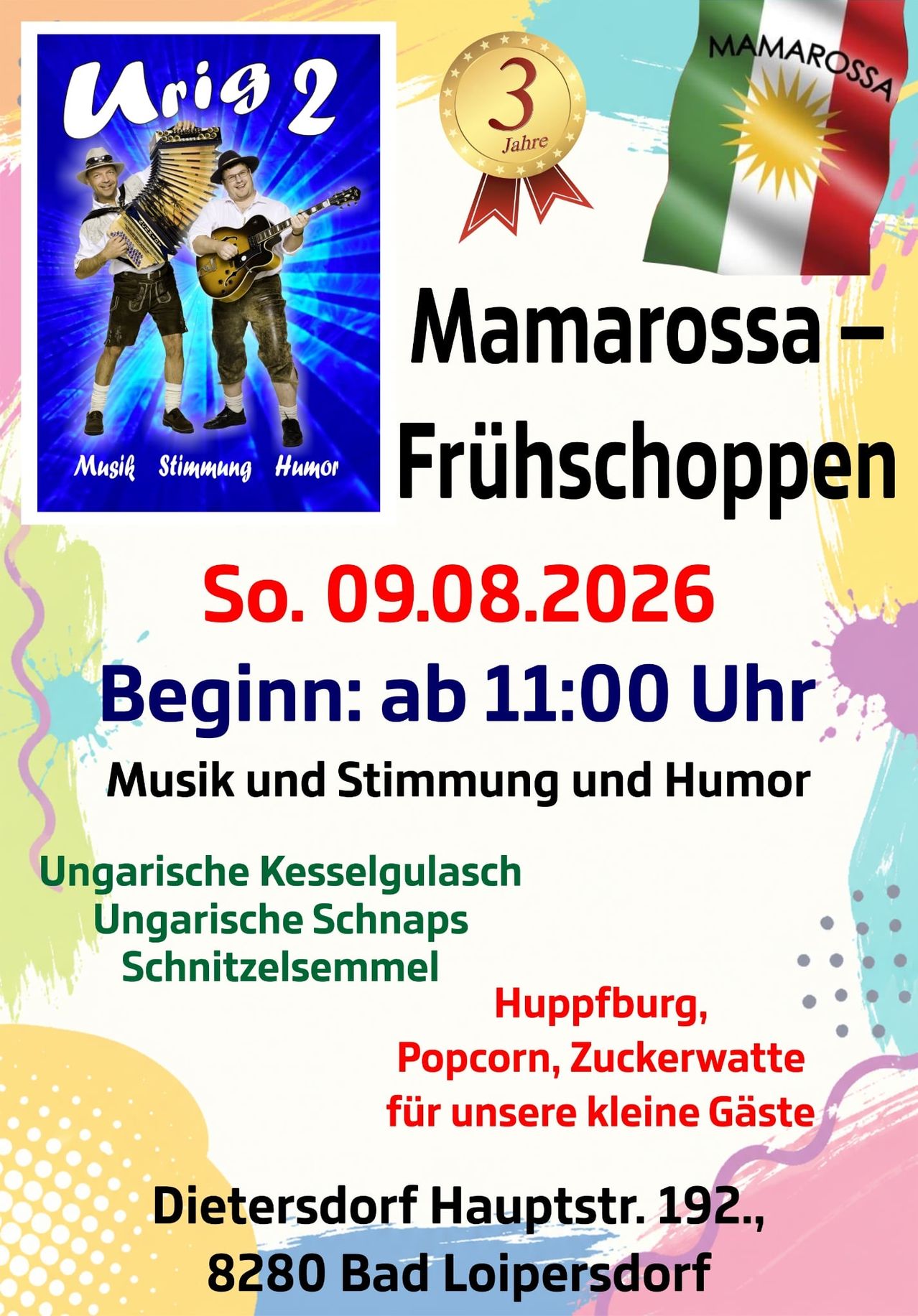 Plakat für eine Musikveranstaltung mit zwei Männern, die Instrumente spielen. Die Veranstaltung heißt 'Mamaross-Frühschopp'. Sie findet am 9. August 2026 statt, Beginn um 11:00 Uhr. Die Veranstaltung verspricht Musik, Stimmung und Humor.