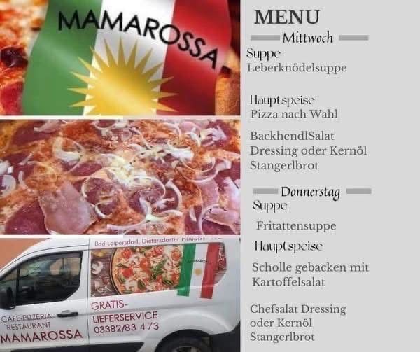Ein Menü für das Restaurant Mamarossa mit einer Pizza und einem Lieferwagen. Das Menü umfasst Suppe, Hauptgerichte und Beilagenoptionen für Mittwoch und Donnerstag.