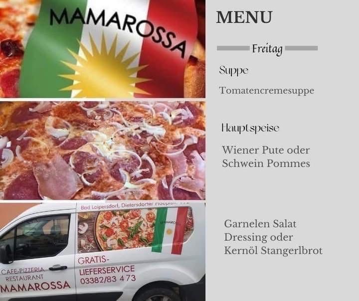 Ein Menü von Mamarossa mit einer Pizza, einer Flagge und einem Lieferwagen mit einer Lieferservicenummer. Das Menü umfasst Tomatencremesuppe, Hauptgerichte und Salate.
