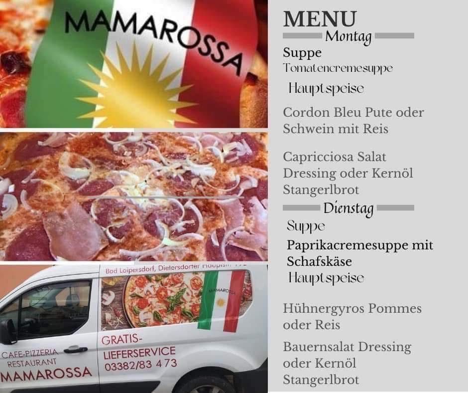 Eine Collage von Bildern mit einer Pizza, einem Menü und einem Lieferwagen mit dem Text 'MAMAROSSA' und 'GRATIS-LIEFERSERVICE'. Das Menü listet Gerichte wie 'Tomatencremesuppe' und 'Cordon Bleu Pute' auf. Die Pizza hat Toppings wie Zwiebeln und Fleisch.