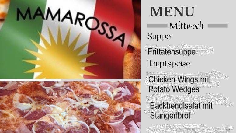 Ein Menü des Restaurants Mama Rossa zeigt eine Pizza mit Peperoni und Zwiebeln und eine Flagge eines unbekannten Landes.