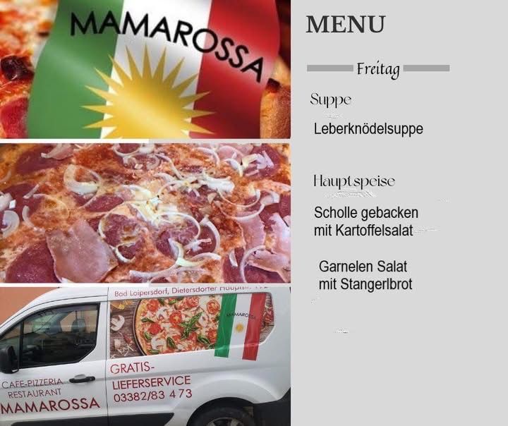 Menütafel für Mama Rossa Cafe-Pizzeria mit einem Pizzabild, italienischer Flagge und Flaggen aus den afrikanischen Ländern Eritrea und Südsudan. Pizzen, Suppen und Salate sind aufgelistet.