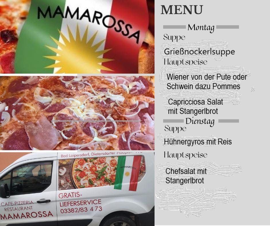 Menü Montag: Gnocchi-Suppe, Wiener vom Ofen mit Schwein oder Geflügel, Caprese-Salat mit Prosciutto. Dienstag: Hühnerrisotto mit Reis, Chefsalat mit Prosciutto. Kostenlose Lieferung. Kontakt: 03382/83 473.
