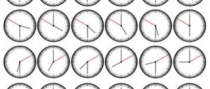 Eine Anordnung von 20 identischen Uhren, jede mit schwarzen Zeigern und einer roten Sekundenzeiger. Die Uhren sind von 1 bis 20 nummeriert.