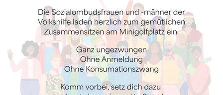 Plakat, das zur Teilnahme an einer geselligen Zusammenkunft auf einem Minigolfplatz einlädt. Es betont eine entspannte Atmosphäre, keine Anmeldung oder Konsumzwang. Die Veranstaltung ist für den 17. Juli 2026 um 15:30 Uhr geplant.