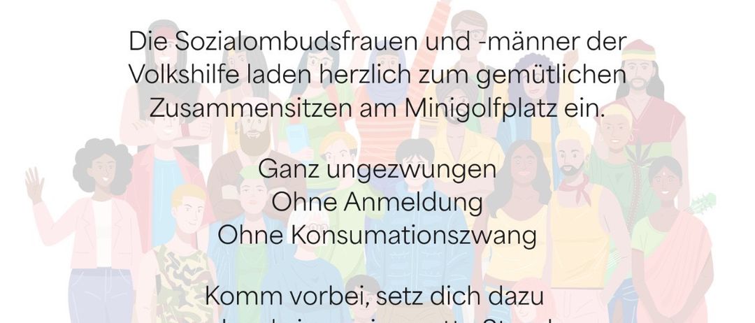 Plakat, das zur Teilnahme an einer geselligen Zusammenkunft auf einem Minigolfplatz einlädt. Es betont eine entspannte Atmosphäre, keine Anmeldung oder Konsumzwang. Die Veranstaltung ist für den 17. Juli 2026 um 15:30 Uhr geplant.