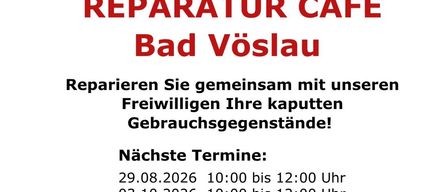 Werbung für das Reparatur Café in Bad Vöslau, mit Werkzeugen und Terminen für kommende Veranstaltungen. Der Text ist auf Deutsch.