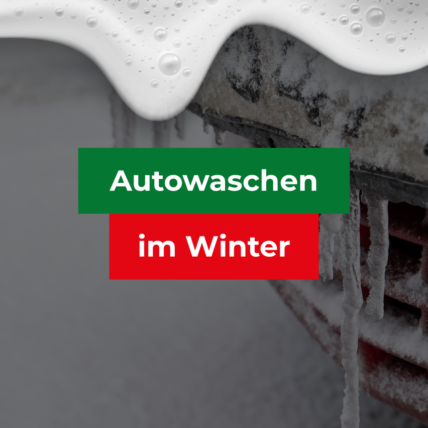 Ein Bild eines verschneiten Autodachs mit dem Text 'Autowaschen im Winter' in weiß auf grünem Hintergrund.