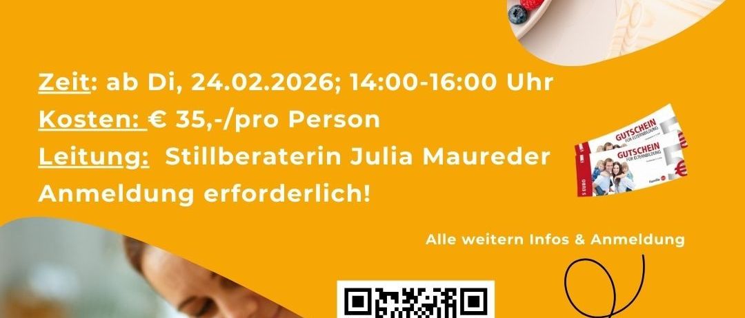 Ein Event für Eltern mit Babys im Alter von 0-18 Monaten. Datum: 24.02.2026, 14:00-16:00 Uhr. Kosten: 35 € pro Person. Leitung: Stillberaterin Julia Maurer. Anmeldung erforderlich! Weitere Infos und Anmeldung unter www.elternkindtreff.at.