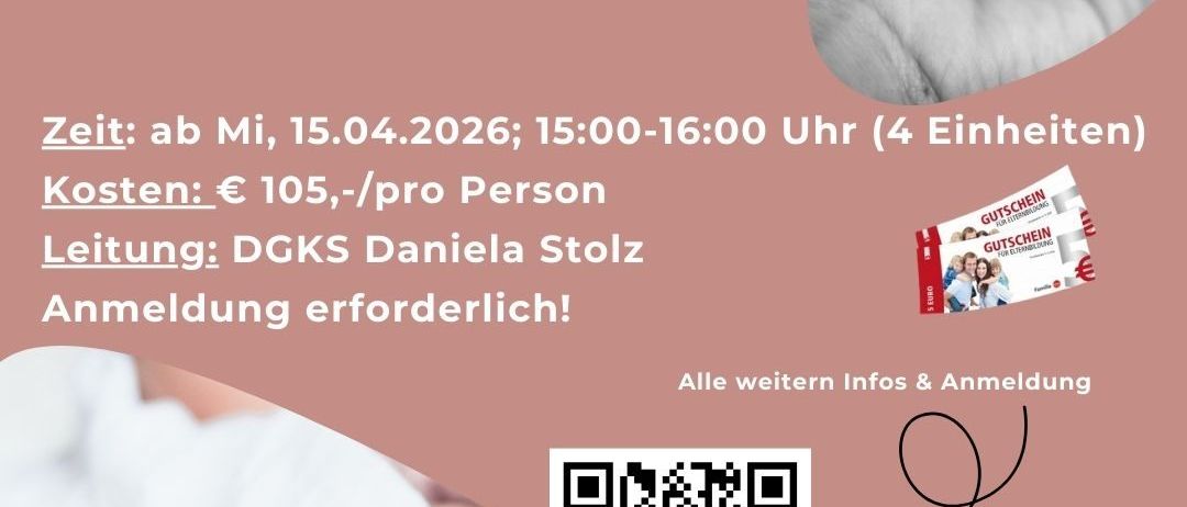 Plakat für Babymassage-Sitzung. Für Eltern mit Babys im Alter von 0-6 Monaten. Datum: 15.04.2026, 15:00-16:00 Uhr. Kosten: 105 Euro pro Person. Anmeldung erforderlich. QR-Code und Website angegeben.