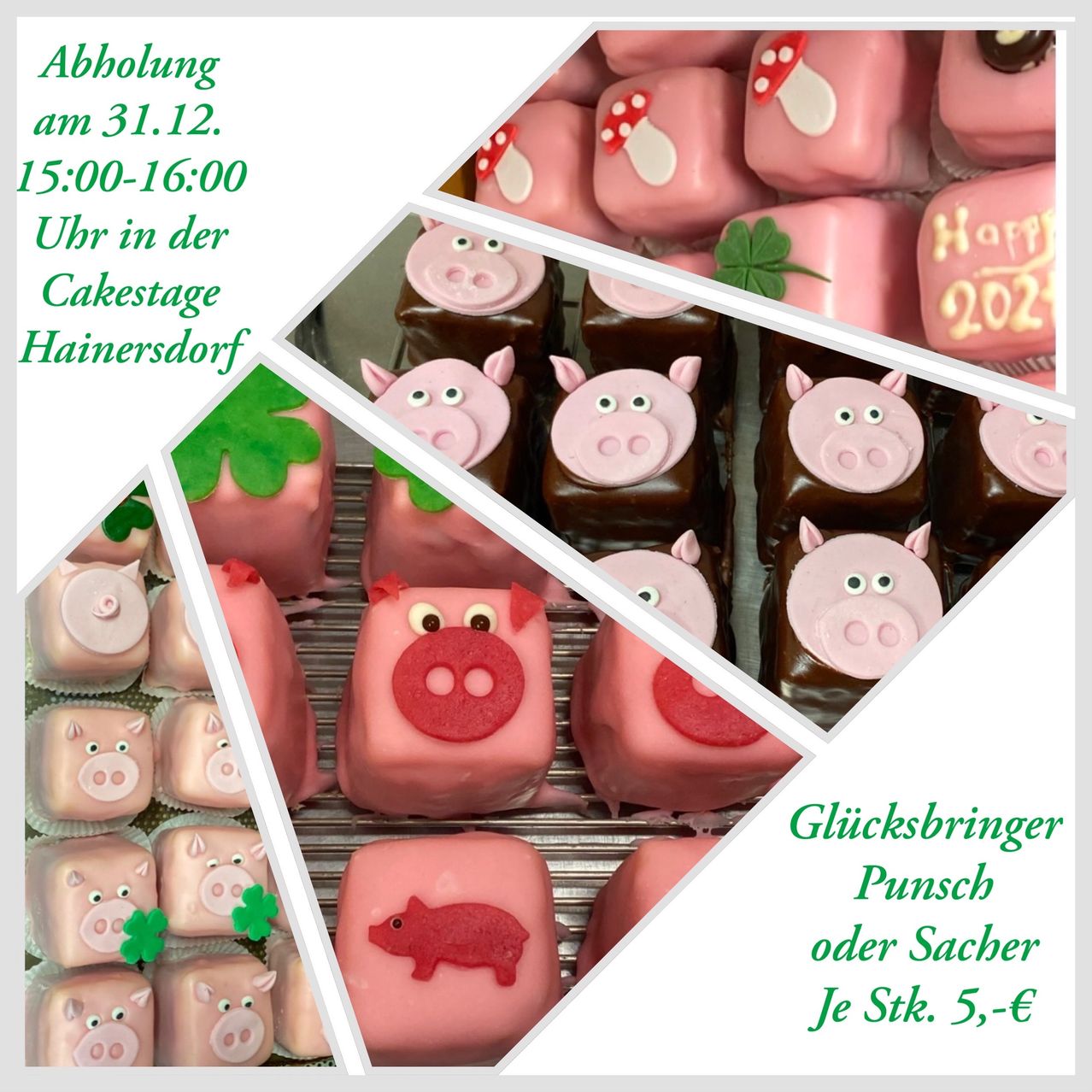 Eine Collage von schweineförmigen Desserts auf einem Gitter, mit Textüberlagerung über die Anmeldung und einem Preis von 5 Euro pro Stück. Das Bild enthält Happy 2021 auf einem der Desserts.