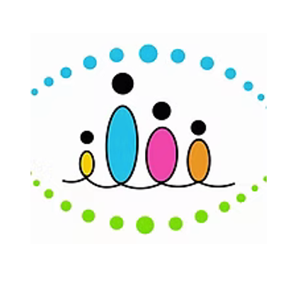 Eine abstrakte Illustration einer Familie mit vier Mitgliedern, jeweils durch einen ovalen Farbton dargestellt, verbunden durch Linien und umgeben von blauen und grünen Punkten.