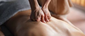 Eine Person liegt auf einem Bett und bekommt von jemandem, der Shorts trägt, eine Rückenmassage.