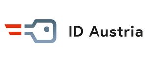 ID Austria Logo mit grauem Schlüsselsymbol, roter Linie links und schwarzem Text rechts.