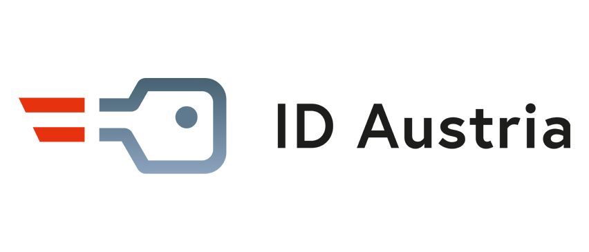 ID Austria Logo mit grauem Schlüsselsymbol, roter Linie links und schwarzem Text rechts.