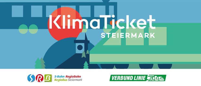 Das Bild bewirbt ein Klimaticket für Steiermark, zeigt einen Zug, eine grüne Landschaft und die Logos von S-Bahn RegioBahn und Verbund Linie.