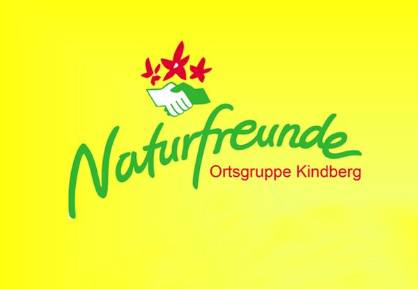 Ein Logo für Naturfreunde Kindberg, das eine Handschüttelung mit Blumen darüber auf einem gelben Hintergrund zeigt.
