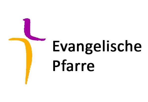 Das Logo der Evangelischen Kirche mit einem stilisierten Kreuz in Lila, Gelb und Schwarz auf weißem Hintergrund.