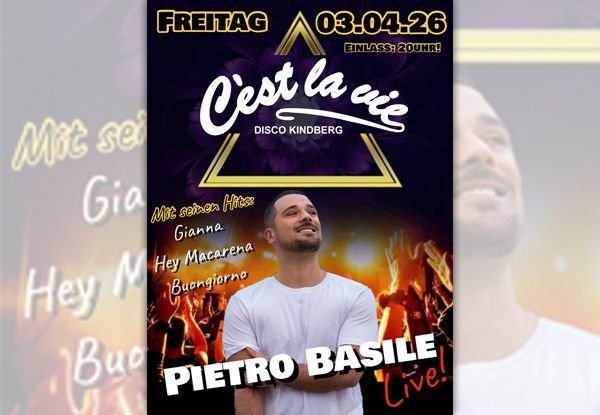 Plakat für die Live-Performance von Pietro Basile im Disco Kindberg, mit einer Silhouette eines Mannes vor einem Publikum und Feuer im Hintergrund.