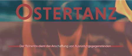 Plakat mit rotem Feuerbild, 'Ostertanz' Text, 'Hadersdorf' und Website in rotem Schrift. Blauer Himmelshintergrund. Feuer brennt unten.