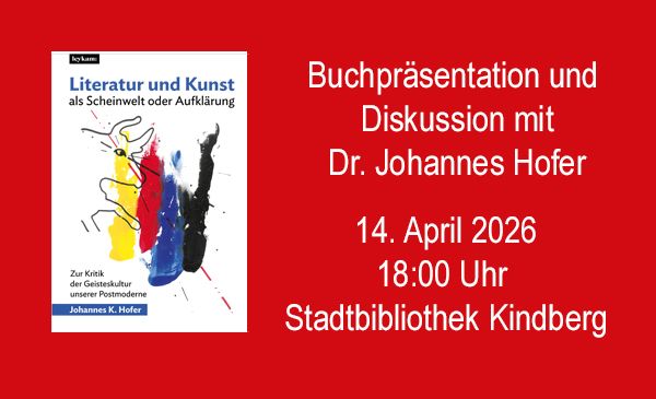 Plakat für Buchpräsentation und Diskussion mit Dr. Johannes Hofer am 14. April 2026 um 18:00 in der Stadtbibliothek Kindberg.