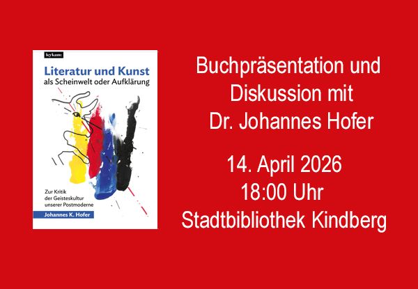 Plakat für Buchpräsentation und Diskussion mit Dr. Johannes Hofer am 14. April 2026 um 18:00 in der Stadtbibliothek Kindberg.