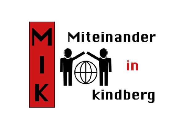 Das Bild zeigt ein Logo für Miteinander in Kindberg mit zwei Menschen, die Händchen halten und eine Weltkugel zwischen ihnen.