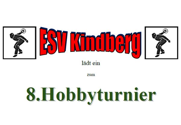 Eine Werbung für das 8. Hobby Turnier von ESV Kindberg. Zwei Figuren in Silhouette werfen einen Diskus.