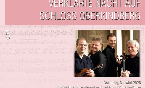 Plakat für eine klassische Musikveranstaltung mit vier Männern, die Violinen halten, am 31. Mai 2026 um 19:30 Uhr im Barocksaal des Schlosses Oberkindberg.