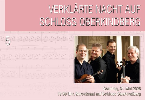 Plakat für eine klassische Musikveranstaltung mit vier Männern, die Violinen halten, am 31. Mai 2026 um 19:30 Uhr im Barocksaal des Schlosses Oberkindberg.