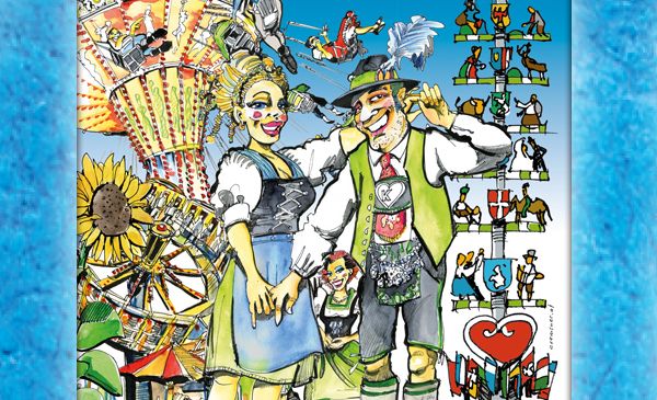 Eine farbenfrohe Illustration mit einem Paar in traditioneller bayerischer Kleidung vor einem Riesenrad, mit einem Herzsymbol und verschiedenen Flaggen im Hintergrund.