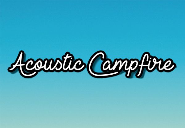 Die Worte 'Acoustic Campfire' sind in einer stilisierten Schrift auf einem blauen Hintergrund angezeigt.