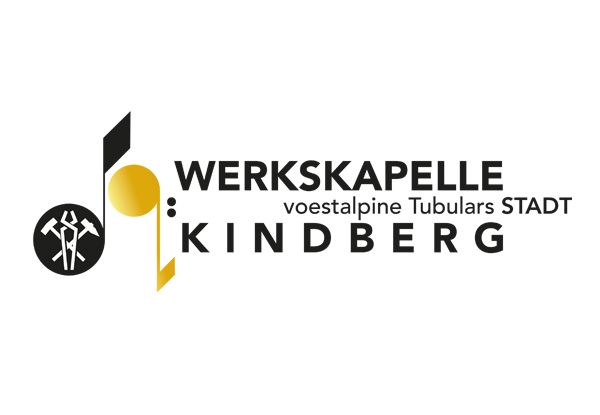 Logo der Werkskapelle Kindberg, einer Voestalpine-Rohrstadt mit Musiknote, Hämmern und dem Namen Kindberg.