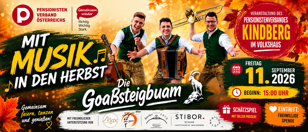 Drei Männer in traditioneller deutscher Kleidung, einer spielt Gitarre, ein anderer Akkordeon und der dritte spielt Posaune, alle lächeln und posieren für ein Werbeposter.