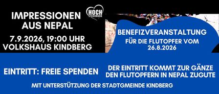A blue and black poster for a charity event in Kindberg, Austria, on September 7, 2026, at 19:00. The event supports the flute players from Nepal, with free admission and donations benefiting the cause.