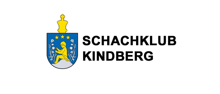 Das Logo des Schachklub Kindberg zeigt einen Schild mit einer gelben Schachkrone, drei Sternen und einer sitzenden Figur, die ein Buch hält. Der Text 'SCHACHKLUB KINDBERG' ist in Schwarz dargestellt.