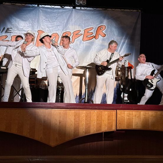 Eine Band tritt auf einer Bühne auf, mit einem Banner hinter ihnen, das Die Toten Hosen sagt. Der Leadsänger hält ein Mikrofon und singt.