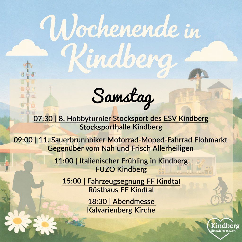 Plakat für Wochenende-Events in Kindberg. Beinhaltet Hobbyturnen, Fahrradmarkt, italienisches Frühstück und Abendmesse.