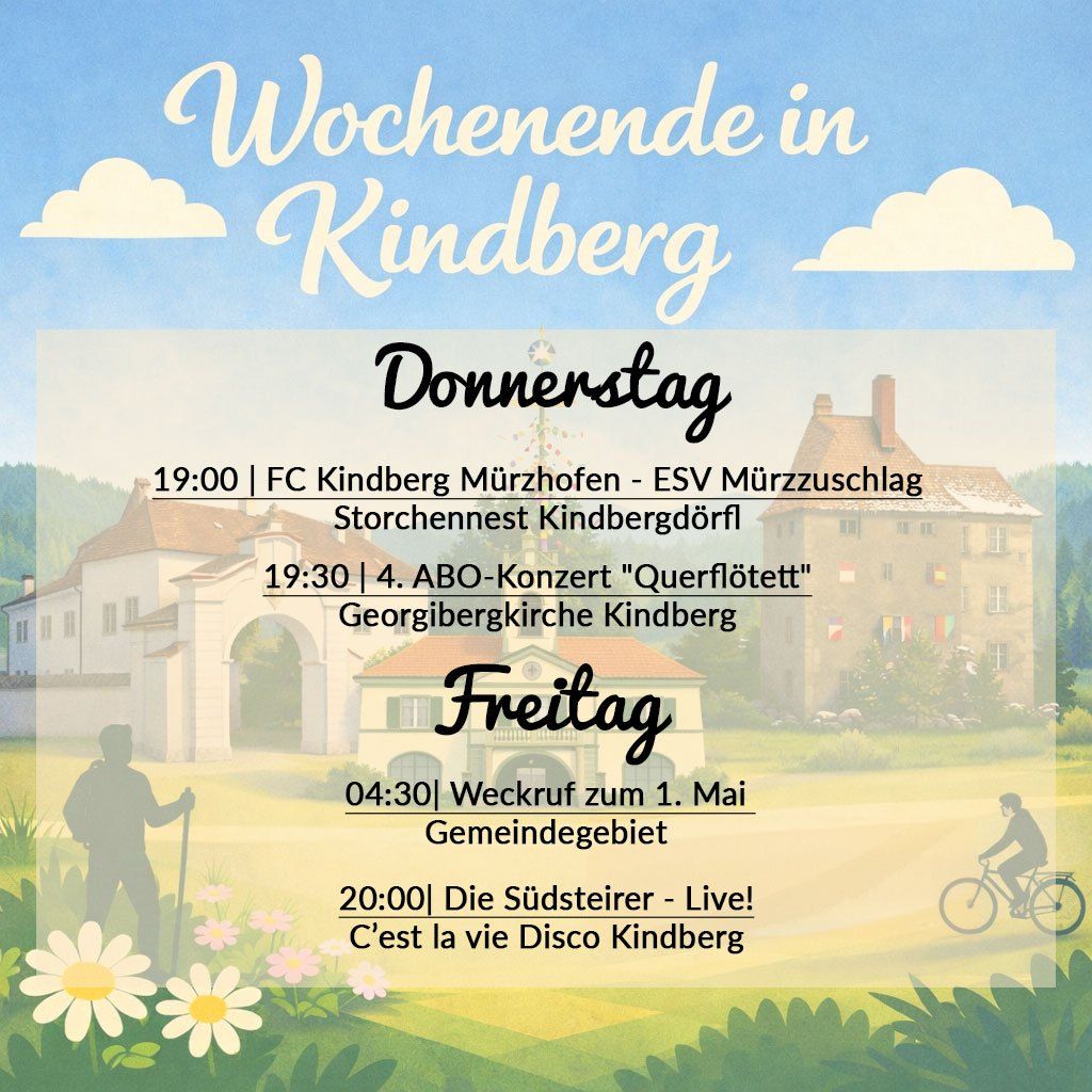 Wöchentliche Veranstaltungen in Kindberg, einschließlich eines Fußballspiels, eines Konzerts und einer Gemeindeveranstaltung am 1. Mai.