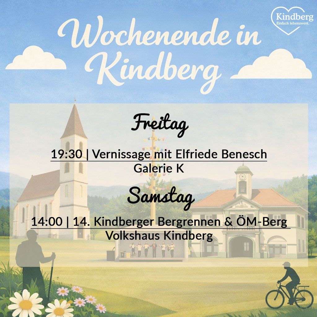 Plakat für das Kindberger Wochenende mit Veranstaltungen am Freitag und Samstag. Freitag hat einen Abend mit Elfriede Benes um 19:30 in der Galerie K. Samstag hat Veranstaltungen ab 14:00 im Volkshaus Kindberg.